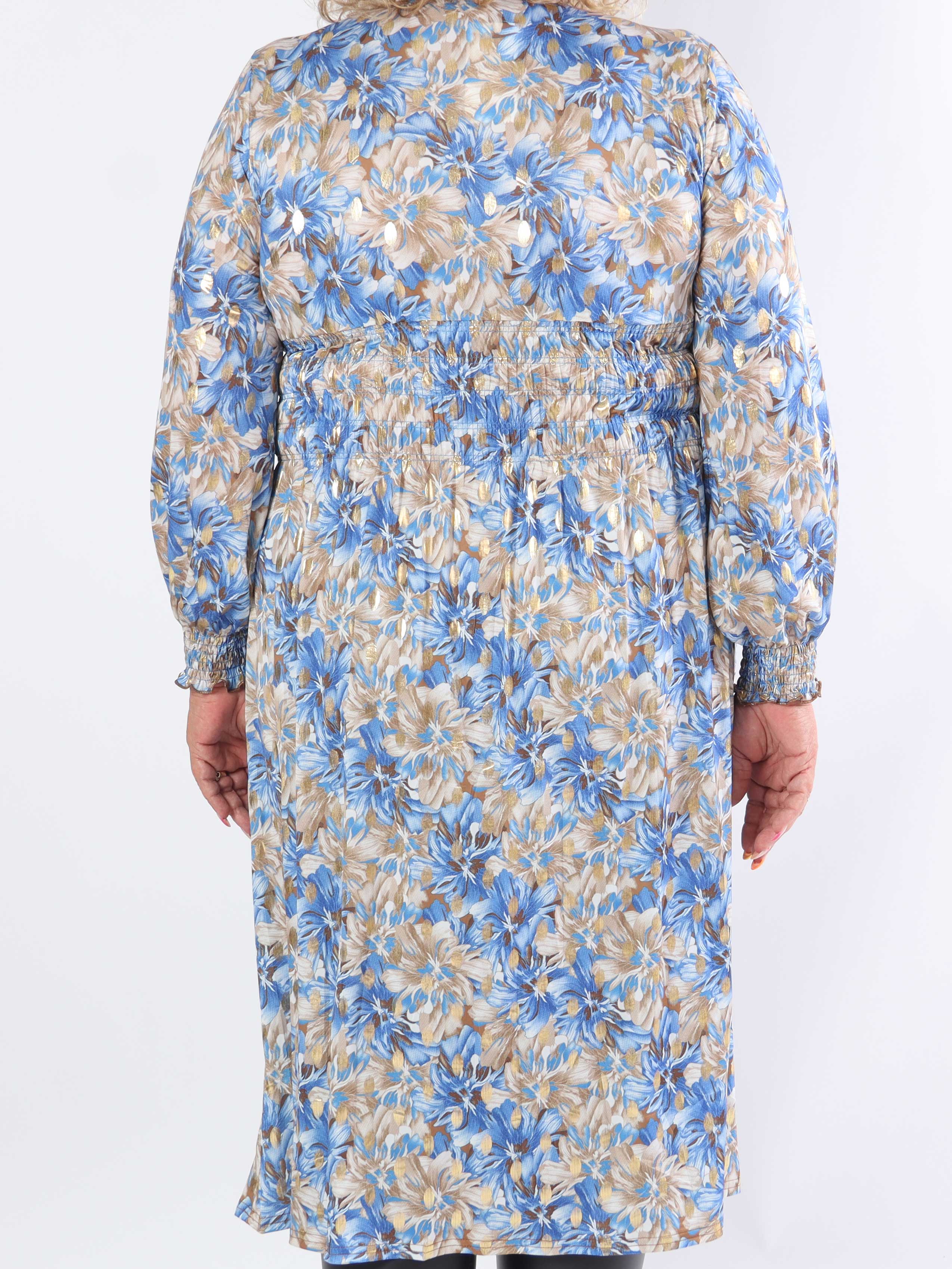 Pams Floral Midi L/S - Elastisk plus size-klänning i skrynkelfritt tyg
